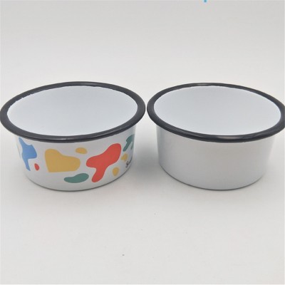 Enamel pet bowl with sublimation coating, rolled, black rim, outside diameter: 160mm, inner diameter:140mm,